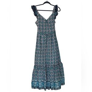 Lucky Brand Teal and White Floral Maxi Dress with Ruffle Straps